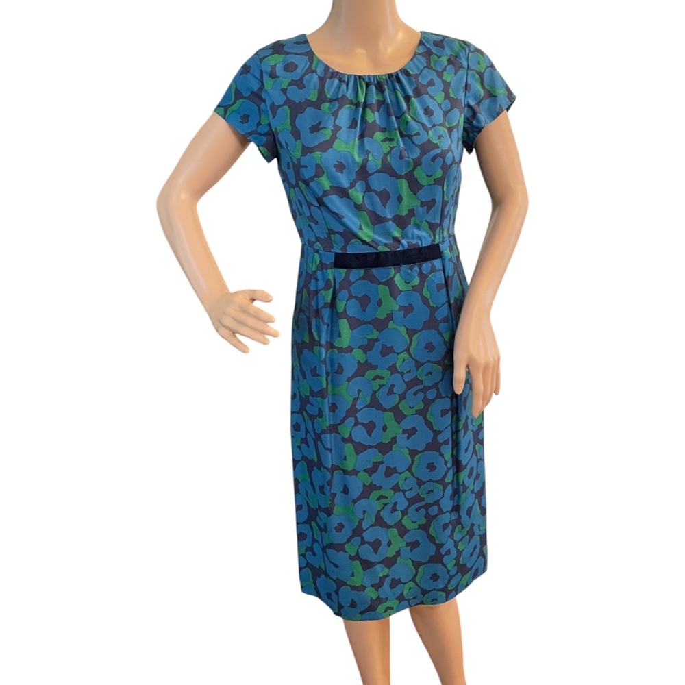 Boden Velvet Trimmed Silk Dress 2R Blue Magpie Leopard